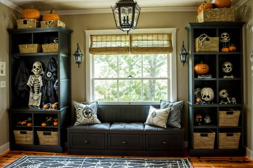 photo from pinterest of halloween-style interior designed (mudroom interior) with storage drawers and wall hooks for coats and high up storage and a bench and cubbies and storage baskets and cabinets and shelves for shoes. . with cobwebs and lanterns and cobwebs and spiderwebs and lanterns and skeletons sitting and standing and human skulls and glowing pumpkins. . cinematic photo, highly detailed, cinematic lighting, ultra-detailed, ultrarealistic, photorealism, 8k. trending on pinterest. halloween interior design style. masterpiece, cinematic light, ultrarealistic+, photorealistic+, 8k, raw photo, realistic, sharp focus on eyes, (symmetrical eyes), (intact eyes), hyperrealistic, highest quality, best quality, , highly detailed, masterpiece, best quality, extremely detailed 8k wallpaper, masterpiece, best quality, ultra-detailed, best shadow, detailed background, detailed face, detailed eyes, high contrast, best illumination, detailed face, dulux, caustic, dynamic angle, detailed glow. dramatic lighting. highly detailed, insanely detailed hair, symmetrical, intricate details, professionally retouched, 8k high definition. strong bokeh. award winning photo.