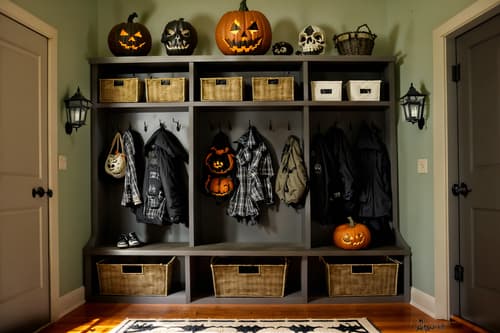 photo from pinterest of halloween-style interior designed (mudroom interior) with storage drawers and wall hooks for coats and high up storage and a bench and cubbies and storage baskets and cabinets and shelves for shoes. . with cobwebs and lanterns and cobwebs and spiderwebs and lanterns and skeletons sitting and standing and human skulls and glowing pumpkins. . cinematic photo, highly detailed, cinematic lighting, ultra-detailed, ultrarealistic, photorealism, 8k. trending on pinterest. halloween interior design style. masterpiece, cinematic light, ultrarealistic+, photorealistic+, 8k, raw photo, realistic, sharp focus on eyes, (symmetrical eyes), (intact eyes), hyperrealistic, highest quality, best quality, , highly detailed, masterpiece, best quality, extremely detailed 8k wallpaper, masterpiece, best quality, ultra-detailed, best shadow, detailed background, detailed face, detailed eyes, high contrast, best illumination, detailed face, dulux, caustic, dynamic angle, detailed glow. dramatic lighting. highly detailed, insanely detailed hair, symmetrical, intricate details, professionally retouched, 8k high definition. strong bokeh. award winning photo.