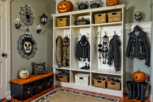 photo from pinterest of halloween-style interior designed (mudroom interior) with storage drawers and wall hooks for coats and high up storage and a bench and cubbies and storage baskets and cabinets and shelves for shoes. . with cobwebs and lanterns and cobwebs and spiderwebs and lanterns and skeletons sitting and standing and human skulls and glowing pumpkins. . cinematic photo, highly detailed, cinematic lighting, ultra-detailed, ultrarealistic, photorealism, 8k. trending on pinterest. halloween interior design style. masterpiece, cinematic light, ultrarealistic+, photorealistic+, 8k, raw photo, realistic, sharp focus on eyes, (symmetrical eyes), (intact eyes), hyperrealistic, highest quality, best quality, , highly detailed, masterpiece, best quality, extremely detailed 8k wallpaper, masterpiece, best quality, ultra-detailed, best shadow, detailed background, detailed face, detailed eyes, high contrast, best illumination, detailed face, dulux, caustic, dynamic angle, detailed glow. dramatic lighting. highly detailed, insanely detailed hair, symmetrical, intricate details, professionally retouched, 8k high definition. strong bokeh. award winning photo.