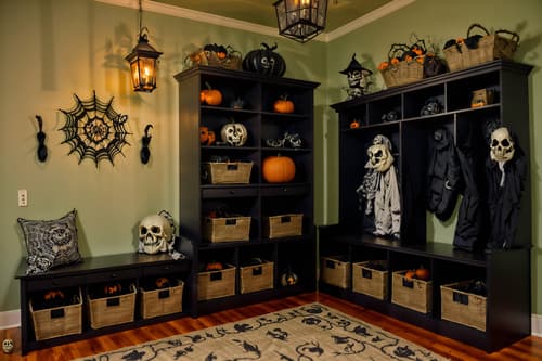 photo from pinterest of halloween-style interior designed (mudroom interior) with storage drawers and wall hooks for coats and high up storage and a bench and cubbies and storage baskets and cabinets and shelves for shoes. . with cobwebs and lanterns and cobwebs and spiderwebs and lanterns and skeletons sitting and standing and human skulls and glowing pumpkins. . cinematic photo, highly detailed, cinematic lighting, ultra-detailed, ultrarealistic, photorealism, 8k. trending on pinterest. halloween interior design style. masterpiece, cinematic light, ultrarealistic+, photorealistic+, 8k, raw photo, realistic, sharp focus on eyes, (symmetrical eyes), (intact eyes), hyperrealistic, highest quality, best quality, , highly detailed, masterpiece, best quality, extremely detailed 8k wallpaper, masterpiece, best quality, ultra-detailed, best shadow, detailed background, detailed face, detailed eyes, high contrast, best illumination, detailed face, dulux, caustic, dynamic angle, detailed glow. dramatic lighting. highly detailed, insanely detailed hair, symmetrical, intricate details, professionally retouched, 8k high definition. strong bokeh. award winning photo.