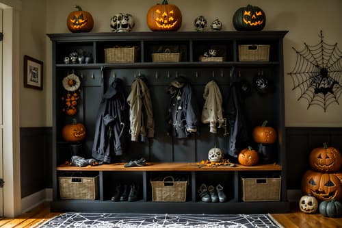 photo from pinterest of halloween-style interior designed (mudroom interior) with storage drawers and wall hooks for coats and high up storage and a bench and cubbies and storage baskets and cabinets and shelves for shoes. . with cobwebs and lanterns and cobwebs and spiderwebs and lanterns and skeletons sitting and standing and human skulls and glowing pumpkins. . cinematic photo, highly detailed, cinematic lighting, ultra-detailed, ultrarealistic, photorealism, 8k. trending on pinterest. halloween interior design style. masterpiece, cinematic light, ultrarealistic+, photorealistic+, 8k, raw photo, realistic, sharp focus on eyes, (symmetrical eyes), (intact eyes), hyperrealistic, highest quality, best quality, , highly detailed, masterpiece, best quality, extremely detailed 8k wallpaper, masterpiece, best quality, ultra-detailed, best shadow, detailed background, detailed face, detailed eyes, high contrast, best illumination, detailed face, dulux, caustic, dynamic angle, detailed glow. dramatic lighting. highly detailed, insanely detailed hair, symmetrical, intricate details, professionally retouched, 8k high definition. strong bokeh. award winning photo.