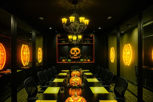 photo from pinterest of halloween-style interior designed (meeting room interior) with plant and glass walls and cabinets and boardroom table and office chairs and glass doors and vase and painting or photo on wall. . with cobwebs and glowing pumpkins and lanterns and spiderwebs and human skulls and lanterns and yellow black balloons and skeletons sitting and standing. . cinematic photo, highly detailed, cinematic lighting, ultra-detailed, ultrarealistic, photorealism, 8k. trending on pinterest. halloween interior design style. masterpiece, cinematic light, ultrarealistic+, photorealistic+, 8k, raw photo, realistic, sharp focus on eyes, (symmetrical eyes), (intact eyes), hyperrealistic, highest quality, best quality, , highly detailed, masterpiece, best quality, extremely detailed 8k wallpaper, masterpiece, best quality, ultra-detailed, best shadow, detailed background, detailed face, detailed eyes, high contrast, best illumination, detailed face, dulux, caustic, dynamic angle, detailed glow. dramatic lighting. highly detailed, insanely detailed hair, symmetrical, intricate details, professionally retouched, 8k high definition. strong bokeh. award winning photo.