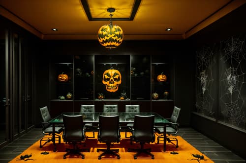 photo from pinterest of halloween-style interior designed (meeting room interior) with plant and glass walls and cabinets and boardroom table and office chairs and glass doors and vase and painting or photo on wall. . with cobwebs and glowing pumpkins and lanterns and spiderwebs and human skulls and lanterns and yellow black balloons and skeletons sitting and standing. . cinematic photo, highly detailed, cinematic lighting, ultra-detailed, ultrarealistic, photorealism, 8k. trending on pinterest. halloween interior design style. masterpiece, cinematic light, ultrarealistic+, photorealistic+, 8k, raw photo, realistic, sharp focus on eyes, (symmetrical eyes), (intact eyes), hyperrealistic, highest quality, best quality, , highly detailed, masterpiece, best quality, extremely detailed 8k wallpaper, masterpiece, best quality, ultra-detailed, best shadow, detailed background, detailed face, detailed eyes, high contrast, best illumination, detailed face, dulux, caustic, dynamic angle, detailed glow. dramatic lighting. highly detailed, insanely detailed hair, symmetrical, intricate details, professionally retouched, 8k high definition. strong bokeh. award winning photo.
