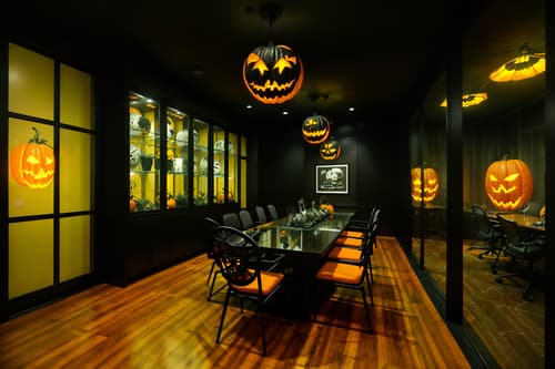 photo from pinterest of halloween-style interior designed (meeting room interior) with plant and glass walls and cabinets and boardroom table and office chairs and glass doors and vase and painting or photo on wall. . with cobwebs and glowing pumpkins and lanterns and spiderwebs and human skulls and lanterns and yellow black balloons and skeletons sitting and standing. . cinematic photo, highly detailed, cinematic lighting, ultra-detailed, ultrarealistic, photorealism, 8k. trending on pinterest. halloween interior design style. masterpiece, cinematic light, ultrarealistic+, photorealistic+, 8k, raw photo, realistic, sharp focus on eyes, (symmetrical eyes), (intact eyes), hyperrealistic, highest quality, best quality, , highly detailed, masterpiece, best quality, extremely detailed 8k wallpaper, masterpiece, best quality, ultra-detailed, best shadow, detailed background, detailed face, detailed eyes, high contrast, best illumination, detailed face, dulux, caustic, dynamic angle, detailed glow. dramatic lighting. highly detailed, insanely detailed hair, symmetrical, intricate details, professionally retouched, 8k high definition. strong bokeh. award winning photo.