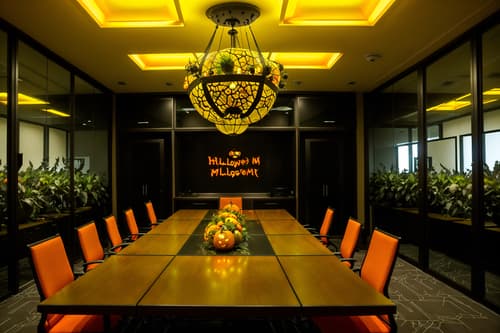 photo from pinterest of halloween-style interior designed (meeting room interior) with plant and glass walls and cabinets and boardroom table and office chairs and glass doors and vase and painting or photo on wall. . with cobwebs and glowing pumpkins and lanterns and spiderwebs and human skulls and lanterns and yellow black balloons and skeletons sitting and standing. . cinematic photo, highly detailed, cinematic lighting, ultra-detailed, ultrarealistic, photorealism, 8k. trending on pinterest. halloween interior design style. masterpiece, cinematic light, ultrarealistic+, photorealistic+, 8k, raw photo, realistic, sharp focus on eyes, (symmetrical eyes), (intact eyes), hyperrealistic, highest quality, best quality, , highly detailed, masterpiece, best quality, extremely detailed 8k wallpaper, masterpiece, best quality, ultra-detailed, best shadow, detailed background, detailed face, detailed eyes, high contrast, best illumination, detailed face, dulux, caustic, dynamic angle, detailed glow. dramatic lighting. highly detailed, insanely detailed hair, symmetrical, intricate details, professionally retouched, 8k high definition. strong bokeh. award winning photo.