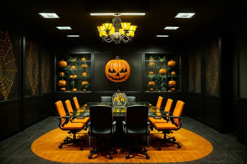 photo from pinterest of halloween-style interior designed (meeting room interior) with plant and glass walls and cabinets and boardroom table and office chairs and glass doors and vase and painting or photo on wall. . with cobwebs and glowing pumpkins and lanterns and spiderwebs and human skulls and lanterns and yellow black balloons and skeletons sitting and standing. . cinematic photo, highly detailed, cinematic lighting, ultra-detailed, ultrarealistic, photorealism, 8k. trending on pinterest. halloween interior design style. masterpiece, cinematic light, ultrarealistic+, photorealistic+, 8k, raw photo, realistic, sharp focus on eyes, (symmetrical eyes), (intact eyes), hyperrealistic, highest quality, best quality, , highly detailed, masterpiece, best quality, extremely detailed 8k wallpaper, masterpiece, best quality, ultra-detailed, best shadow, detailed background, detailed face, detailed eyes, high contrast, best illumination, detailed face, dulux, caustic, dynamic angle, detailed glow. dramatic lighting. highly detailed, insanely detailed hair, symmetrical, intricate details, professionally retouched, 8k high definition. strong bokeh. award winning photo.