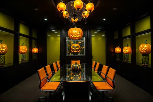 photo from pinterest of halloween-style interior designed (meeting room interior) with plant and glass walls and cabinets and boardroom table and office chairs and glass doors and vase and painting or photo on wall. . with cobwebs and glowing pumpkins and lanterns and spiderwebs and human skulls and lanterns and yellow black balloons and skeletons sitting and standing. . cinematic photo, highly detailed, cinematic lighting, ultra-detailed, ultrarealistic, photorealism, 8k. trending on pinterest. halloween interior design style. masterpiece, cinematic light, ultrarealistic+, photorealistic+, 8k, raw photo, realistic, sharp focus on eyes, (symmetrical eyes), (intact eyes), hyperrealistic, highest quality, best quality, , highly detailed, masterpiece, best quality, extremely detailed 8k wallpaper, masterpiece, best quality, ultra-detailed, best shadow, detailed background, detailed face, detailed eyes, high contrast, best illumination, detailed face, dulux, caustic, dynamic angle, detailed glow. dramatic lighting. highly detailed, insanely detailed hair, symmetrical, intricate details, professionally retouched, 8k high definition. strong bokeh. award winning photo.