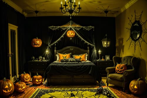 photo from pinterest of halloween-style interior designed (kids room interior) with accent chair and night light and mirror and bed and storage bench or ottoman and bedside table or night stand and dresser closet and plant. . with cobwebs and lanterns and spiderwebs and yellow black balloons and glowing pumpkins and skeletons sitting and standing and lanterns and cobwebs. . cinematic photo, highly detailed, cinematic lighting, ultra-detailed, ultrarealistic, photorealism, 8k. trending on pinterest. halloween interior design style. masterpiece, cinematic light, ultrarealistic+, photorealistic+, 8k, raw photo, realistic, sharp focus on eyes, (symmetrical eyes), (intact eyes), hyperrealistic, highest quality, best quality, , highly detailed, masterpiece, best quality, extremely detailed 8k wallpaper, masterpiece, best quality, ultra-detailed, best shadow, detailed background, detailed face, detailed eyes, high contrast, best illumination, detailed face, dulux, caustic, dynamic angle, detailed glow. dramatic lighting. highly detailed, insanely detailed hair, symmetrical, intricate details, professionally retouched, 8k high definition. strong bokeh. award winning photo.