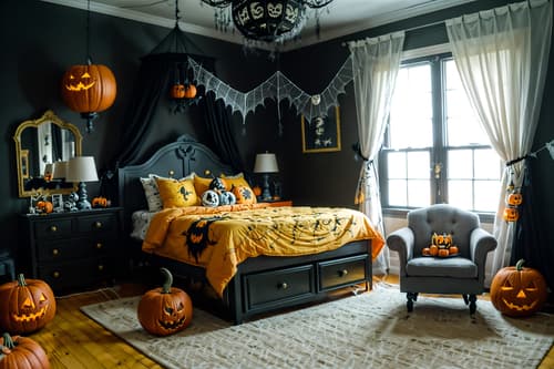 photo from pinterest of halloween-style interior designed (kids room interior) with accent chair and night light and mirror and bed and storage bench or ottoman and bedside table or night stand and dresser closet and plant. . with cobwebs and lanterns and spiderwebs and yellow black balloons and glowing pumpkins and skeletons sitting and standing and lanterns and cobwebs. . cinematic photo, highly detailed, cinematic lighting, ultra-detailed, ultrarealistic, photorealism, 8k. trending on pinterest. halloween interior design style. masterpiece, cinematic light, ultrarealistic+, photorealistic+, 8k, raw photo, realistic, sharp focus on eyes, (symmetrical eyes), (intact eyes), hyperrealistic, highest quality, best quality, , highly detailed, masterpiece, best quality, extremely detailed 8k wallpaper, masterpiece, best quality, ultra-detailed, best shadow, detailed background, detailed face, detailed eyes, high contrast, best illumination, detailed face, dulux, caustic, dynamic angle, detailed glow. dramatic lighting. highly detailed, insanely detailed hair, symmetrical, intricate details, professionally retouched, 8k high definition. strong bokeh. award winning photo.