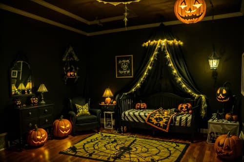 photo from pinterest of halloween-style interior designed (kids room interior) with accent chair and night light and mirror and bed and storage bench or ottoman and bedside table or night stand and dresser closet and plant. . with cobwebs and lanterns and spiderwebs and yellow black balloons and glowing pumpkins and skeletons sitting and standing and lanterns and cobwebs. . cinematic photo, highly detailed, cinematic lighting, ultra-detailed, ultrarealistic, photorealism, 8k. trending on pinterest. halloween interior design style. masterpiece, cinematic light, ultrarealistic+, photorealistic+, 8k, raw photo, realistic, sharp focus on eyes, (symmetrical eyes), (intact eyes), hyperrealistic, highest quality, best quality, , highly detailed, masterpiece, best quality, extremely detailed 8k wallpaper, masterpiece, best quality, ultra-detailed, best shadow, detailed background, detailed face, detailed eyes, high contrast, best illumination, detailed face, dulux, caustic, dynamic angle, detailed glow. dramatic lighting. highly detailed, insanely detailed hair, symmetrical, intricate details, professionally retouched, 8k high definition. strong bokeh. award winning photo.