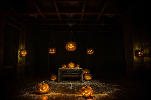 photo from pinterest of halloween-style interior designed (exhibition space interior) . with cobwebs and glowing pumpkins and human skulls and lanterns and cobwebs and spiderwebs and lanterns and yellow black balloons. . cinematic photo, highly detailed, cinematic lighting, ultra-detailed, ultrarealistic, photorealism, 8k. trending on pinterest. halloween interior design style. masterpiece, cinematic light, ultrarealistic+, photorealistic+, 8k, raw photo, realistic, sharp focus on eyes, (symmetrical eyes), (intact eyes), hyperrealistic, highest quality, best quality, , highly detailed, masterpiece, best quality, extremely detailed 8k wallpaper, masterpiece, best quality, ultra-detailed, best shadow, detailed background, detailed face, detailed eyes, high contrast, best illumination, detailed face, dulux, caustic, dynamic angle, detailed glow. dramatic lighting. highly detailed, insanely detailed hair, symmetrical, intricate details, professionally retouched, 8k high definition. strong bokeh. award winning photo.