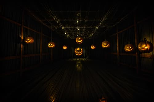 photo from pinterest of halloween-style interior designed (exhibition space interior) . with cobwebs and glowing pumpkins and human skulls and lanterns and cobwebs and spiderwebs and lanterns and yellow black balloons. . cinematic photo, highly detailed, cinematic lighting, ultra-detailed, ultrarealistic, photorealism, 8k. trending on pinterest. halloween interior design style. masterpiece, cinematic light, ultrarealistic+, photorealistic+, 8k, raw photo, realistic, sharp focus on eyes, (symmetrical eyes), (intact eyes), hyperrealistic, highest quality, best quality, , highly detailed, masterpiece, best quality, extremely detailed 8k wallpaper, masterpiece, best quality, ultra-detailed, best shadow, detailed background, detailed face, detailed eyes, high contrast, best illumination, detailed face, dulux, caustic, dynamic angle, detailed glow. dramatic lighting. highly detailed, insanely detailed hair, symmetrical, intricate details, professionally retouched, 8k high definition. strong bokeh. award winning photo.