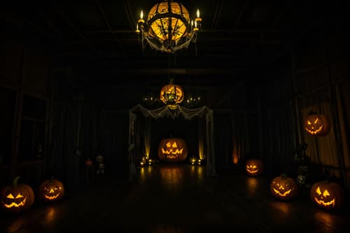 photo from pinterest of halloween-style interior designed (exhibition space interior) . with cobwebs and glowing pumpkins and human skulls and lanterns and cobwebs and spiderwebs and lanterns and yellow black balloons. . cinematic photo, highly detailed, cinematic lighting, ultra-detailed, ultrarealistic, photorealism, 8k. trending on pinterest. halloween interior design style. masterpiece, cinematic light, ultrarealistic+, photorealistic+, 8k, raw photo, realistic, sharp focus on eyes, (symmetrical eyes), (intact eyes), hyperrealistic, highest quality, best quality, , highly detailed, masterpiece, best quality, extremely detailed 8k wallpaper, masterpiece, best quality, ultra-detailed, best shadow, detailed background, detailed face, detailed eyes, high contrast, best illumination, detailed face, dulux, caustic, dynamic angle, detailed glow. dramatic lighting. highly detailed, insanely detailed hair, symmetrical, intricate details, professionally retouched, 8k high definition. strong bokeh. award winning photo.