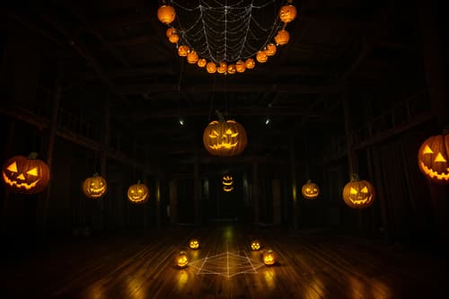 photo from pinterest of halloween-style interior designed (exhibition space interior) . with cobwebs and glowing pumpkins and human skulls and lanterns and cobwebs and spiderwebs and lanterns and yellow black balloons. . cinematic photo, highly detailed, cinematic lighting, ultra-detailed, ultrarealistic, photorealism, 8k. trending on pinterest. halloween interior design style. masterpiece, cinematic light, ultrarealistic+, photorealistic+, 8k, raw photo, realistic, sharp focus on eyes, (symmetrical eyes), (intact eyes), hyperrealistic, highest quality, best quality, , highly detailed, masterpiece, best quality, extremely detailed 8k wallpaper, masterpiece, best quality, ultra-detailed, best shadow, detailed background, detailed face, detailed eyes, high contrast, best illumination, detailed face, dulux, caustic, dynamic angle, detailed glow. dramatic lighting. highly detailed, insanely detailed hair, symmetrical, intricate details, professionally retouched, 8k high definition. strong bokeh. award winning photo.