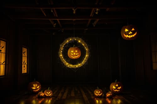 photo from pinterest of halloween-style interior designed (exhibition space interior) . with cobwebs and glowing pumpkins and human skulls and lanterns and cobwebs and spiderwebs and lanterns and yellow black balloons. . cinematic photo, highly detailed, cinematic lighting, ultra-detailed, ultrarealistic, photorealism, 8k. trending on pinterest. halloween interior design style. masterpiece, cinematic light, ultrarealistic+, photorealistic+, 8k, raw photo, realistic, sharp focus on eyes, (symmetrical eyes), (intact eyes), hyperrealistic, highest quality, best quality, , highly detailed, masterpiece, best quality, extremely detailed 8k wallpaper, masterpiece, best quality, ultra-detailed, best shadow, detailed background, detailed face, detailed eyes, high contrast, best illumination, detailed face, dulux, caustic, dynamic angle, detailed glow. dramatic lighting. highly detailed, insanely detailed hair, symmetrical, intricate details, professionally retouched, 8k high definition. strong bokeh. award winning photo.