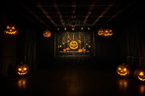 photo from pinterest of halloween-style interior designed (exhibition space interior) . with cobwebs and glowing pumpkins and human skulls and lanterns and cobwebs and spiderwebs and lanterns and yellow black balloons. . cinematic photo, highly detailed, cinematic lighting, ultra-detailed, ultrarealistic, photorealism, 8k. trending on pinterest. halloween interior design style. masterpiece, cinematic light, ultrarealistic+, photorealistic+, 8k, raw photo, realistic, sharp focus on eyes, (symmetrical eyes), (intact eyes), hyperrealistic, highest quality, best quality, , highly detailed, masterpiece, best quality, extremely detailed 8k wallpaper, masterpiece, best quality, ultra-detailed, best shadow, detailed background, detailed face, detailed eyes, high contrast, best illumination, detailed face, dulux, caustic, dynamic angle, detailed glow. dramatic lighting. highly detailed, insanely detailed hair, symmetrical, intricate details, professionally retouched, 8k high definition. strong bokeh. award winning photo.