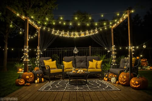 photo from pinterest of halloween-style designed (outdoor patio ) with patio couch with pillows and barbeque or grill and grass and plant and deck with deck chairs and patio couch with pillows. . with cobwebs and skeletons sitting and standing and glowing pumpkins and lanterns and lanterns and human skulls and yellow black balloons and cobwebs. . cinematic photo, highly detailed, cinematic lighting, ultra-detailed, ultrarealistic, photorealism, 8k. trending on pinterest. halloween design style. masterpiece, cinematic light, ultrarealistic+, photorealistic+, 8k, raw photo, realistic, sharp focus on eyes, (symmetrical eyes), (intact eyes), hyperrealistic, highest quality, best quality, , highly detailed, masterpiece, best quality, extremely detailed 8k wallpaper, masterpiece, best quality, ultra-detailed, best shadow, detailed background, detailed face, detailed eyes, high contrast, best illumination, detailed face, dulux, caustic, dynamic angle, detailed glow. dramatic lighting. highly detailed, insanely detailed hair, symmetrical, intricate details, professionally retouched, 8k high definition. strong bokeh. award winning photo.