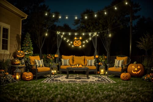 photo from pinterest of halloween-style designed (outdoor patio ) with patio couch with pillows and barbeque or grill and grass and plant and deck with deck chairs and patio couch with pillows. . with cobwebs and skeletons sitting and standing and glowing pumpkins and lanterns and lanterns and human skulls and yellow black balloons and cobwebs. . cinematic photo, highly detailed, cinematic lighting, ultra-detailed, ultrarealistic, photorealism, 8k. trending on pinterest. halloween design style. masterpiece, cinematic light, ultrarealistic+, photorealistic+, 8k, raw photo, realistic, sharp focus on eyes, (symmetrical eyes), (intact eyes), hyperrealistic, highest quality, best quality, , highly detailed, masterpiece, best quality, extremely detailed 8k wallpaper, masterpiece, best quality, ultra-detailed, best shadow, detailed background, detailed face, detailed eyes, high contrast, best illumination, detailed face, dulux, caustic, dynamic angle, detailed glow. dramatic lighting. highly detailed, insanely detailed hair, symmetrical, intricate details, professionally retouched, 8k high definition. strong bokeh. award winning photo.