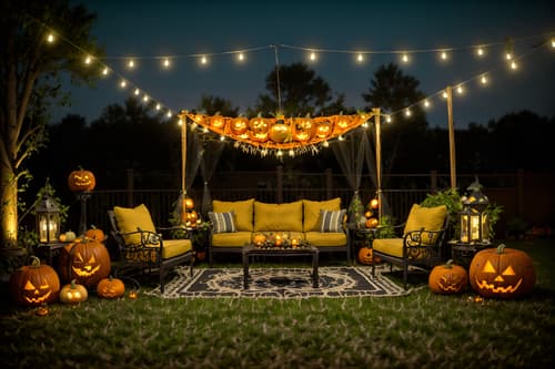 photo from pinterest of halloween-style designed (outdoor patio ) with patio couch with pillows and barbeque or grill and grass and plant and deck with deck chairs and patio couch with pillows. . with cobwebs and skeletons sitting and standing and glowing pumpkins and lanterns and lanterns and human skulls and yellow black balloons and cobwebs. . cinematic photo, highly detailed, cinematic lighting, ultra-detailed, ultrarealistic, photorealism, 8k. trending on pinterest. halloween design style. masterpiece, cinematic light, ultrarealistic+, photorealistic+, 8k, raw photo, realistic, sharp focus on eyes, (symmetrical eyes), (intact eyes), hyperrealistic, highest quality, best quality, , highly detailed, masterpiece, best quality, extremely detailed 8k wallpaper, masterpiece, best quality, ultra-detailed, best shadow, detailed background, detailed face, detailed eyes, high contrast, best illumination, detailed face, dulux, caustic, dynamic angle, detailed glow. dramatic lighting. highly detailed, insanely detailed hair, symmetrical, intricate details, professionally retouched, 8k high definition. strong bokeh. award winning photo.