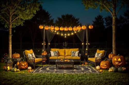 photo from pinterest of halloween-style designed (outdoor patio ) with patio couch with pillows and barbeque or grill and grass and plant and deck with deck chairs and patio couch with pillows. . with cobwebs and skeletons sitting and standing and glowing pumpkins and lanterns and lanterns and human skulls and yellow black balloons and cobwebs. . cinematic photo, highly detailed, cinematic lighting, ultra-detailed, ultrarealistic, photorealism, 8k. trending on pinterest. halloween design style. masterpiece, cinematic light, ultrarealistic+, photorealistic+, 8k, raw photo, realistic, sharp focus on eyes, (symmetrical eyes), (intact eyes), hyperrealistic, highest quality, best quality, , highly detailed, masterpiece, best quality, extremely detailed 8k wallpaper, masterpiece, best quality, ultra-detailed, best shadow, detailed background, detailed face, detailed eyes, high contrast, best illumination, detailed face, dulux, caustic, dynamic angle, detailed glow. dramatic lighting. highly detailed, insanely detailed hair, symmetrical, intricate details, professionally retouched, 8k high definition. strong bokeh. award winning photo.