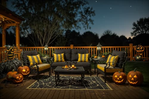 photo from pinterest of halloween-style designed (outdoor patio ) with patio couch with pillows and barbeque or grill and grass and plant and deck with deck chairs and patio couch with pillows. . with cobwebs and skeletons sitting and standing and glowing pumpkins and lanterns and lanterns and human skulls and yellow black balloons and cobwebs. . cinematic photo, highly detailed, cinematic lighting, ultra-detailed, ultrarealistic, photorealism, 8k. trending on pinterest. halloween design style. masterpiece, cinematic light, ultrarealistic+, photorealistic+, 8k, raw photo, realistic, sharp focus on eyes, (symmetrical eyes), (intact eyes), hyperrealistic, highest quality, best quality, , highly detailed, masterpiece, best quality, extremely detailed 8k wallpaper, masterpiece, best quality, ultra-detailed, best shadow, detailed background, detailed face, detailed eyes, high contrast, best illumination, detailed face, dulux, caustic, dynamic angle, detailed glow. dramatic lighting. highly detailed, insanely detailed hair, symmetrical, intricate details, professionally retouched, 8k high definition. strong bokeh. award winning photo.