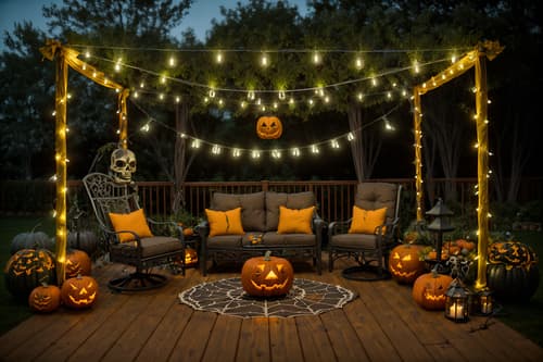 photo from pinterest of halloween-style designed (outdoor patio ) with patio couch with pillows and barbeque or grill and grass and plant and deck with deck chairs and patio couch with pillows. . with cobwebs and skeletons sitting and standing and glowing pumpkins and lanterns and lanterns and human skulls and yellow black balloons and cobwebs. . cinematic photo, highly detailed, cinematic lighting, ultra-detailed, ultrarealistic, photorealism, 8k. trending on pinterest. halloween design style. masterpiece, cinematic light, ultrarealistic+, photorealistic+, 8k, raw photo, realistic, sharp focus on eyes, (symmetrical eyes), (intact eyes), hyperrealistic, highest quality, best quality, , highly detailed, masterpiece, best quality, extremely detailed 8k wallpaper, masterpiece, best quality, ultra-detailed, best shadow, detailed background, detailed face, detailed eyes, high contrast, best illumination, detailed face, dulux, caustic, dynamic angle, detailed glow. dramatic lighting. highly detailed, insanely detailed hair, symmetrical, intricate details, professionally retouched, 8k high definition. strong bokeh. award winning photo.