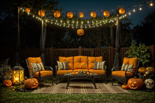 photo from pinterest of halloween-style designed (outdoor patio ) with patio couch with pillows and barbeque or grill and grass and plant and deck with deck chairs and patio couch with pillows. . with cobwebs and skeletons sitting and standing and glowing pumpkins and lanterns and lanterns and human skulls and yellow black balloons and cobwebs. . cinematic photo, highly detailed, cinematic lighting, ultra-detailed, ultrarealistic, photorealism, 8k. trending on pinterest. halloween design style. masterpiece, cinematic light, ultrarealistic+, photorealistic+, 8k, raw photo, realistic, sharp focus on eyes, (symmetrical eyes), (intact eyes), hyperrealistic, highest quality, best quality, , highly detailed, masterpiece, best quality, extremely detailed 8k wallpaper, masterpiece, best quality, ultra-detailed, best shadow, detailed background, detailed face, detailed eyes, high contrast, best illumination, detailed face, dulux, caustic, dynamic angle, detailed glow. dramatic lighting. highly detailed, insanely detailed hair, symmetrical, intricate details, professionally retouched, 8k high definition. strong bokeh. award winning photo.