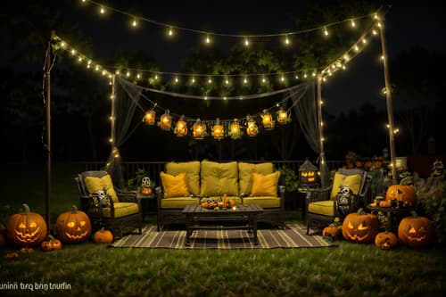photo from pinterest of halloween-style designed (outdoor patio ) with patio couch with pillows and barbeque or grill and grass and plant and deck with deck chairs and patio couch with pillows. . with cobwebs and skeletons sitting and standing and glowing pumpkins and lanterns and lanterns and human skulls and yellow black balloons and cobwebs. . cinematic photo, highly detailed, cinematic lighting, ultra-detailed, ultrarealistic, photorealism, 8k. trending on pinterest. halloween design style. masterpiece, cinematic light, ultrarealistic+, photorealistic+, 8k, raw photo, realistic, sharp focus on eyes, (symmetrical eyes), (intact eyes), hyperrealistic, highest quality, best quality, , highly detailed, masterpiece, best quality, extremely detailed 8k wallpaper, masterpiece, best quality, ultra-detailed, best shadow, detailed background, detailed face, detailed eyes, high contrast, best illumination, detailed face, dulux, caustic, dynamic angle, detailed glow. dramatic lighting. highly detailed, insanely detailed hair, symmetrical, intricate details, professionally retouched, 8k high definition. strong bokeh. award winning photo.