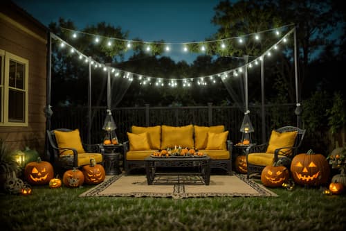 photo from pinterest of halloween-style designed (outdoor patio ) with patio couch with pillows and barbeque or grill and grass and plant and deck with deck chairs and patio couch with pillows. . with cobwebs and skeletons sitting and standing and glowing pumpkins and lanterns and lanterns and human skulls and yellow black balloons and cobwebs. . cinematic photo, highly detailed, cinematic lighting, ultra-detailed, ultrarealistic, photorealism, 8k. trending on pinterest. halloween design style. masterpiece, cinematic light, ultrarealistic+, photorealistic+, 8k, raw photo, realistic, sharp focus on eyes, (symmetrical eyes), (intact eyes), hyperrealistic, highest quality, best quality, , highly detailed, masterpiece, best quality, extremely detailed 8k wallpaper, masterpiece, best quality, ultra-detailed, best shadow, detailed background, detailed face, detailed eyes, high contrast, best illumination, detailed face, dulux, caustic, dynamic angle, detailed glow. dramatic lighting. highly detailed, insanely detailed hair, symmetrical, intricate details, professionally retouched, 8k high definition. strong bokeh. award winning photo.