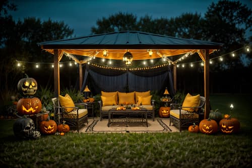 photo from pinterest of halloween-style designed (outdoor patio ) with patio couch with pillows and barbeque or grill and grass and plant and deck with deck chairs and patio couch with pillows. . with cobwebs and skeletons sitting and standing and glowing pumpkins and lanterns and lanterns and human skulls and yellow black balloons and cobwebs. . cinematic photo, highly detailed, cinematic lighting, ultra-detailed, ultrarealistic, photorealism, 8k. trending on pinterest. halloween design style. masterpiece, cinematic light, ultrarealistic+, photorealistic+, 8k, raw photo, realistic, sharp focus on eyes, (symmetrical eyes), (intact eyes), hyperrealistic, highest quality, best quality, , highly detailed, masterpiece, best quality, extremely detailed 8k wallpaper, masterpiece, best quality, ultra-detailed, best shadow, detailed background, detailed face, detailed eyes, high contrast, best illumination, detailed face, dulux, caustic, dynamic angle, detailed glow. dramatic lighting. highly detailed, insanely detailed hair, symmetrical, intricate details, professionally retouched, 8k high definition. strong bokeh. award winning photo.