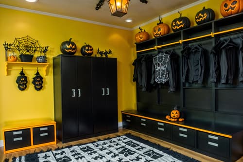 photo from pinterest of halloween-style interior designed (drop zone interior) with a bench and storage baskets and lockers and cabinets and shelves for shoes and cubbies and wall hooks for coats and high up storage. . with skeletons sitting and standing and yellow black balloons and lanterns and spiderwebs and cobwebs and cobwebs and human skulls and lanterns. . cinematic photo, highly detailed, cinematic lighting, ultra-detailed, ultrarealistic, photorealism, 8k. trending on pinterest. halloween interior design style. masterpiece, cinematic light, ultrarealistic+, photorealistic+, 8k, raw photo, realistic, sharp focus on eyes, (symmetrical eyes), (intact eyes), hyperrealistic, highest quality, best quality, , highly detailed, masterpiece, best quality, extremely detailed 8k wallpaper, masterpiece, best quality, ultra-detailed, best shadow, detailed background, detailed face, detailed eyes, high contrast, best illumination, detailed face, dulux, caustic, dynamic angle, detailed glow. dramatic lighting. highly detailed, insanely detailed hair, symmetrical, intricate details, professionally retouched, 8k high definition. strong bokeh. award winning photo.