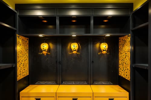 photo from pinterest of halloween-style interior designed (drop zone interior) with a bench and storage baskets and lockers and cabinets and shelves for shoes and cubbies and wall hooks for coats and high up storage. . with skeletons sitting and standing and yellow black balloons and lanterns and spiderwebs and cobwebs and cobwebs and human skulls and lanterns. . cinematic photo, highly detailed, cinematic lighting, ultra-detailed, ultrarealistic, photorealism, 8k. trending on pinterest. halloween interior design style. masterpiece, cinematic light, ultrarealistic+, photorealistic+, 8k, raw photo, realistic, sharp focus on eyes, (symmetrical eyes), (intact eyes), hyperrealistic, highest quality, best quality, , highly detailed, masterpiece, best quality, extremely detailed 8k wallpaper, masterpiece, best quality, ultra-detailed, best shadow, detailed background, detailed face, detailed eyes, high contrast, best illumination, detailed face, dulux, caustic, dynamic angle, detailed glow. dramatic lighting. highly detailed, insanely detailed hair, symmetrical, intricate details, professionally retouched, 8k high definition. strong bokeh. award winning photo.