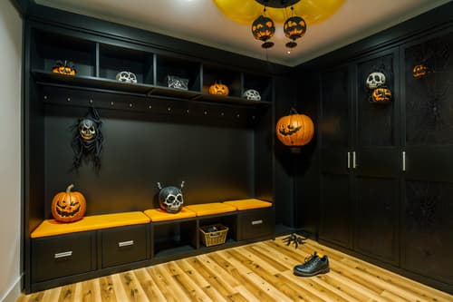 photo from pinterest of halloween-style interior designed (drop zone interior) with a bench and storage baskets and lockers and cabinets and shelves for shoes and cubbies and wall hooks for coats and high up storage. . with skeletons sitting and standing and yellow black balloons and lanterns and spiderwebs and cobwebs and cobwebs and human skulls and lanterns. . cinematic photo, highly detailed, cinematic lighting, ultra-detailed, ultrarealistic, photorealism, 8k. trending on pinterest. halloween interior design style. masterpiece, cinematic light, ultrarealistic+, photorealistic+, 8k, raw photo, realistic, sharp focus on eyes, (symmetrical eyes), (intact eyes), hyperrealistic, highest quality, best quality, , highly detailed, masterpiece, best quality, extremely detailed 8k wallpaper, masterpiece, best quality, ultra-detailed, best shadow, detailed background, detailed face, detailed eyes, high contrast, best illumination, detailed face, dulux, caustic, dynamic angle, detailed glow. dramatic lighting. highly detailed, insanely detailed hair, symmetrical, intricate details, professionally retouched, 8k high definition. strong bokeh. award winning photo.