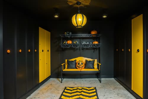photo from pinterest of halloween-style interior designed (drop zone interior) with a bench and storage baskets and lockers and cabinets and shelves for shoes and cubbies and wall hooks for coats and high up storage. . with skeletons sitting and standing and yellow black balloons and lanterns and spiderwebs and cobwebs and cobwebs and human skulls and lanterns. . cinematic photo, highly detailed, cinematic lighting, ultra-detailed, ultrarealistic, photorealism, 8k. trending on pinterest. halloween interior design style. masterpiece, cinematic light, ultrarealistic+, photorealistic+, 8k, raw photo, realistic, sharp focus on eyes, (symmetrical eyes), (intact eyes), hyperrealistic, highest quality, best quality, , highly detailed, masterpiece, best quality, extremely detailed 8k wallpaper, masterpiece, best quality, ultra-detailed, best shadow, detailed background, detailed face, detailed eyes, high contrast, best illumination, detailed face, dulux, caustic, dynamic angle, detailed glow. dramatic lighting. highly detailed, insanely detailed hair, symmetrical, intricate details, professionally retouched, 8k high definition. strong bokeh. award winning photo.