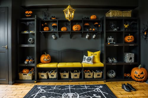 photo from pinterest of halloween-style interior designed (drop zone interior) with a bench and storage baskets and lockers and cabinets and shelves for shoes and cubbies and wall hooks for coats and high up storage. . with skeletons sitting and standing and yellow black balloons and lanterns and spiderwebs and cobwebs and cobwebs and human skulls and lanterns. . cinematic photo, highly detailed, cinematic lighting, ultra-detailed, ultrarealistic, photorealism, 8k. trending on pinterest. halloween interior design style. masterpiece, cinematic light, ultrarealistic+, photorealistic+, 8k, raw photo, realistic, sharp focus on eyes, (symmetrical eyes), (intact eyes), hyperrealistic, highest quality, best quality, , highly detailed, masterpiece, best quality, extremely detailed 8k wallpaper, masterpiece, best quality, ultra-detailed, best shadow, detailed background, detailed face, detailed eyes, high contrast, best illumination, detailed face, dulux, caustic, dynamic angle, detailed glow. dramatic lighting. highly detailed, insanely detailed hair, symmetrical, intricate details, professionally retouched, 8k high definition. strong bokeh. award winning photo.