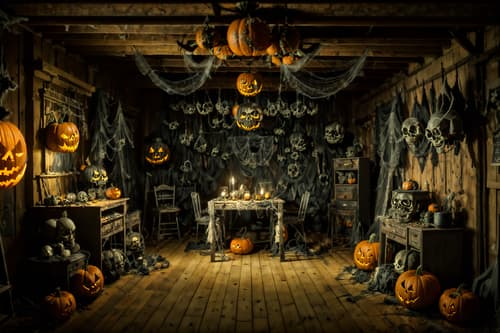 photo from pinterest of halloween-style interior designed (workshop interior) with messy and tool wall and wooden workbench and messy. . with glowing pumpkins and cobwebs and cobwebs and spiderwebs and lanterns and yellow black balloons and skeletons sitting and standing and human skulls. . cinematic photo, highly detailed, cinematic lighting, ultra-detailed, ultrarealistic, photorealism, 8k. trending on pinterest. halloween interior design style. masterpiece, cinematic light, ultrarealistic+, photorealistic+, 8k, raw photo, realistic, sharp focus on eyes, (symmetrical eyes), (intact eyes), hyperrealistic, highest quality, best quality, , highly detailed, masterpiece, best quality, extremely detailed 8k wallpaper, masterpiece, best quality, ultra-detailed, best shadow, detailed background, detailed face, detailed eyes, high contrast, best illumination, detailed face, dulux, caustic, dynamic angle, detailed glow. dramatic lighting. highly detailed, insanely detailed hair, symmetrical, intricate details, professionally retouched, 8k high definition. strong bokeh. award winning photo.