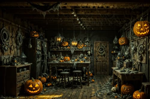 photo from pinterest of halloween-style interior designed (workshop interior) with messy and tool wall and wooden workbench and messy. . with glowing pumpkins and cobwebs and cobwebs and spiderwebs and lanterns and yellow black balloons and skeletons sitting and standing and human skulls. . cinematic photo, highly detailed, cinematic lighting, ultra-detailed, ultrarealistic, photorealism, 8k. trending on pinterest. halloween interior design style. masterpiece, cinematic light, ultrarealistic+, photorealistic+, 8k, raw photo, realistic, sharp focus on eyes, (symmetrical eyes), (intact eyes), hyperrealistic, highest quality, best quality, , highly detailed, masterpiece, best quality, extremely detailed 8k wallpaper, masterpiece, best quality, ultra-detailed, best shadow, detailed background, detailed face, detailed eyes, high contrast, best illumination, detailed face, dulux, caustic, dynamic angle, detailed glow. dramatic lighting. highly detailed, insanely detailed hair, symmetrical, intricate details, professionally retouched, 8k high definition. strong bokeh. award winning photo.