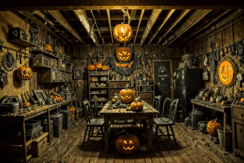 photo from pinterest of halloween-style interior designed (workshop interior) with messy and tool wall and wooden workbench and messy. . with glowing pumpkins and cobwebs and cobwebs and spiderwebs and lanterns and yellow black balloons and skeletons sitting and standing and human skulls. . cinematic photo, highly detailed, cinematic lighting, ultra-detailed, ultrarealistic, photorealism, 8k. trending on pinterest. halloween interior design style. masterpiece, cinematic light, ultrarealistic+, photorealistic+, 8k, raw photo, realistic, sharp focus on eyes, (symmetrical eyes), (intact eyes), hyperrealistic, highest quality, best quality, , highly detailed, masterpiece, best quality, extremely detailed 8k wallpaper, masterpiece, best quality, ultra-detailed, best shadow, detailed background, detailed face, detailed eyes, high contrast, best illumination, detailed face, dulux, caustic, dynamic angle, detailed glow. dramatic lighting. highly detailed, insanely detailed hair, symmetrical, intricate details, professionally retouched, 8k high definition. strong bokeh. award winning photo.