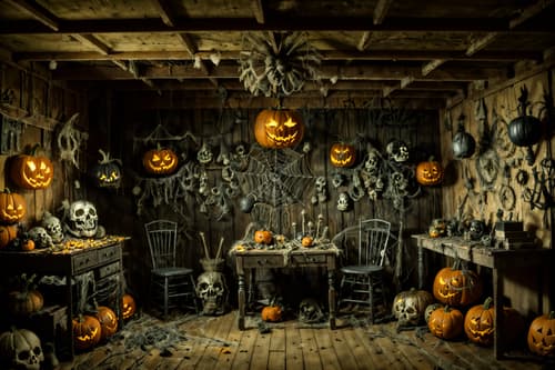 photo from pinterest of halloween-style interior designed (workshop interior) with messy and tool wall and wooden workbench and messy. . with glowing pumpkins and cobwebs and cobwebs and spiderwebs and lanterns and yellow black balloons and skeletons sitting and standing and human skulls. . cinematic photo, highly detailed, cinematic lighting, ultra-detailed, ultrarealistic, photorealism, 8k. trending on pinterest. halloween interior design style. masterpiece, cinematic light, ultrarealistic+, photorealistic+, 8k, raw photo, realistic, sharp focus on eyes, (symmetrical eyes), (intact eyes), hyperrealistic, highest quality, best quality, , highly detailed, masterpiece, best quality, extremely detailed 8k wallpaper, masterpiece, best quality, ultra-detailed, best shadow, detailed background, detailed face, detailed eyes, high contrast, best illumination, detailed face, dulux, caustic, dynamic angle, detailed glow. dramatic lighting. highly detailed, insanely detailed hair, symmetrical, intricate details, professionally retouched, 8k high definition. strong bokeh. award winning photo.