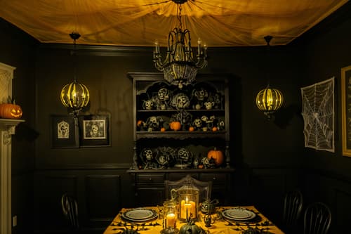 photo from pinterest of halloween-style interior designed (dining room interior) with plant and table cloth and painting or photo on wall and bookshelves and light or chandelier and dining table and vase and plates, cutlery and glasses on dining table. . with spiderwebs and cobwebs and lanterns and cobwebs and yellow black balloons and lanterns and glowing pumpkins and human skulls. . cinematic photo, highly detailed, cinematic lighting, ultra-detailed, ultrarealistic, photorealism, 8k. trending on pinterest. halloween interior design style. masterpiece, cinematic light, ultrarealistic+, photorealistic+, 8k, raw photo, realistic, sharp focus on eyes, (symmetrical eyes), (intact eyes), hyperrealistic, highest quality, best quality, , highly detailed, masterpiece, best quality, extremely detailed 8k wallpaper, masterpiece, best quality, ultra-detailed, best shadow, detailed background, detailed face, detailed eyes, high contrast, best illumination, detailed face, dulux, caustic, dynamic angle, detailed glow. dramatic lighting. highly detailed, insanely detailed hair, symmetrical, intricate details, professionally retouched, 8k high definition. strong bokeh. award winning photo.