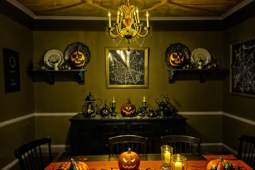 photo from pinterest of halloween-style interior designed (dining room interior) with plant and table cloth and painting or photo on wall and bookshelves and light or chandelier and dining table and vase and plates, cutlery and glasses on dining table. . with spiderwebs and cobwebs and lanterns and cobwebs and yellow black balloons and lanterns and glowing pumpkins and human skulls. . cinematic photo, highly detailed, cinematic lighting, ultra-detailed, ultrarealistic, photorealism, 8k. trending on pinterest. halloween interior design style. masterpiece, cinematic light, ultrarealistic+, photorealistic+, 8k, raw photo, realistic, sharp focus on eyes, (symmetrical eyes), (intact eyes), hyperrealistic, highest quality, best quality, , highly detailed, masterpiece, best quality, extremely detailed 8k wallpaper, masterpiece, best quality, ultra-detailed, best shadow, detailed background, detailed face, detailed eyes, high contrast, best illumination, detailed face, dulux, caustic, dynamic angle, detailed glow. dramatic lighting. highly detailed, insanely detailed hair, symmetrical, intricate details, professionally retouched, 8k high definition. strong bokeh. award winning photo.