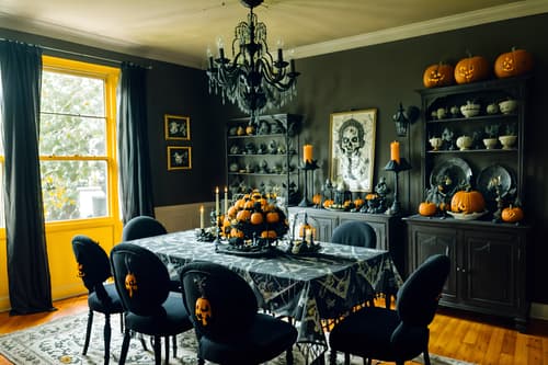 photo from pinterest of halloween-style interior designed (dining room interior) with plant and table cloth and painting or photo on wall and bookshelves and light or chandelier and dining table and vase and plates, cutlery and glasses on dining table. . with spiderwebs and cobwebs and lanterns and cobwebs and yellow black balloons and lanterns and glowing pumpkins and human skulls. . cinematic photo, highly detailed, cinematic lighting, ultra-detailed, ultrarealistic, photorealism, 8k. trending on pinterest. halloween interior design style. masterpiece, cinematic light, ultrarealistic+, photorealistic+, 8k, raw photo, realistic, sharp focus on eyes, (symmetrical eyes), (intact eyes), hyperrealistic, highest quality, best quality, , highly detailed, masterpiece, best quality, extremely detailed 8k wallpaper, masterpiece, best quality, ultra-detailed, best shadow, detailed background, detailed face, detailed eyes, high contrast, best illumination, detailed face, dulux, caustic, dynamic angle, detailed glow. dramatic lighting. highly detailed, insanely detailed hair, symmetrical, intricate details, professionally retouched, 8k high definition. strong bokeh. award winning photo.