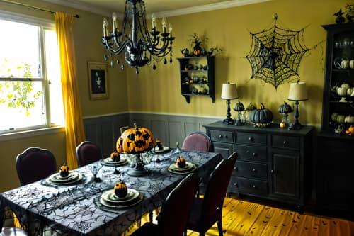photo from pinterest of halloween-style interior designed (dining room interior) with plant and table cloth and painting or photo on wall and bookshelves and light or chandelier and dining table and vase and plates, cutlery and glasses on dining table. . with spiderwebs and cobwebs and lanterns and cobwebs and yellow black balloons and lanterns and glowing pumpkins and human skulls. . cinematic photo, highly detailed, cinematic lighting, ultra-detailed, ultrarealistic, photorealism, 8k. trending on pinterest. halloween interior design style. masterpiece, cinematic light, ultrarealistic+, photorealistic+, 8k, raw photo, realistic, sharp focus on eyes, (symmetrical eyes), (intact eyes), hyperrealistic, highest quality, best quality, , highly detailed, masterpiece, best quality, extremely detailed 8k wallpaper, masterpiece, best quality, ultra-detailed, best shadow, detailed background, detailed face, detailed eyes, high contrast, best illumination, detailed face, dulux, caustic, dynamic angle, detailed glow. dramatic lighting. highly detailed, insanely detailed hair, symmetrical, intricate details, professionally retouched, 8k high definition. strong bokeh. award winning photo.