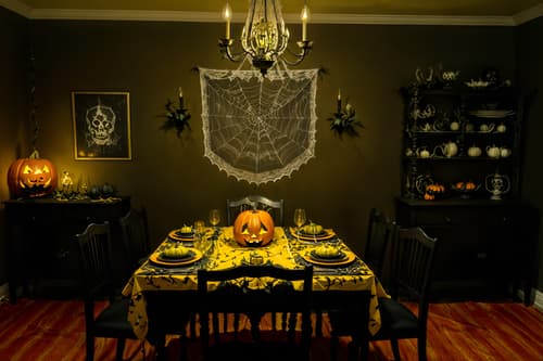 photo from pinterest of halloween-style interior designed (dining room interior) with plant and table cloth and painting or photo on wall and bookshelves and light or chandelier and dining table and vase and plates, cutlery and glasses on dining table. . with spiderwebs and cobwebs and lanterns and cobwebs and yellow black balloons and lanterns and glowing pumpkins and human skulls. . cinematic photo, highly detailed, cinematic lighting, ultra-detailed, ultrarealistic, photorealism, 8k. trending on pinterest. halloween interior design style. masterpiece, cinematic light, ultrarealistic+, photorealistic+, 8k, raw photo, realistic, sharp focus on eyes, (symmetrical eyes), (intact eyes), hyperrealistic, highest quality, best quality, , highly detailed, masterpiece, best quality, extremely detailed 8k wallpaper, masterpiece, best quality, ultra-detailed, best shadow, detailed background, detailed face, detailed eyes, high contrast, best illumination, detailed face, dulux, caustic, dynamic angle, detailed glow. dramatic lighting. highly detailed, insanely detailed hair, symmetrical, intricate details, professionally retouched, 8k high definition. strong bokeh. award winning photo.