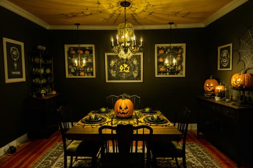 photo from pinterest of halloween-style interior designed (dining room interior) with plant and table cloth and painting or photo on wall and bookshelves and light or chandelier and dining table and vase and plates, cutlery and glasses on dining table. . with spiderwebs and cobwebs and lanterns and cobwebs and yellow black balloons and lanterns and glowing pumpkins and human skulls. . cinematic photo, highly detailed, cinematic lighting, ultra-detailed, ultrarealistic, photorealism, 8k. trending on pinterest. halloween interior design style. masterpiece, cinematic light, ultrarealistic+, photorealistic+, 8k, raw photo, realistic, sharp focus on eyes, (symmetrical eyes), (intact eyes), hyperrealistic, highest quality, best quality, , highly detailed, masterpiece, best quality, extremely detailed 8k wallpaper, masterpiece, best quality, ultra-detailed, best shadow, detailed background, detailed face, detailed eyes, high contrast, best illumination, detailed face, dulux, caustic, dynamic angle, detailed glow. dramatic lighting. highly detailed, insanely detailed hair, symmetrical, intricate details, professionally retouched, 8k high definition. strong bokeh. award winning photo.