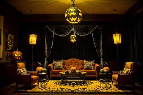 photo from pinterest of halloween-style interior designed (hotel lobby interior) with plant and check in desk and furniture and rug and sofas and coffee tables and hanging lamps and lounge chairs. . with skeletons sitting and standing and cobwebs and glowing pumpkins and yellow black balloons and lanterns and lanterns and human skulls and spiderwebs. . cinematic photo, highly detailed, cinematic lighting, ultra-detailed, ultrarealistic, photorealism, 8k. trending on pinterest. halloween interior design style. masterpiece, cinematic light, ultrarealistic+, photorealistic+, 8k, raw photo, realistic, sharp focus on eyes, (symmetrical eyes), (intact eyes), hyperrealistic, highest quality, best quality, , highly detailed, masterpiece, best quality, extremely detailed 8k wallpaper, masterpiece, best quality, ultra-detailed, best shadow, detailed background, detailed face, detailed eyes, high contrast, best illumination, detailed face, dulux, caustic, dynamic angle, detailed glow. dramatic lighting. highly detailed, insanely detailed hair, symmetrical, intricate details, professionally retouched, 8k high definition. strong bokeh. award winning photo.