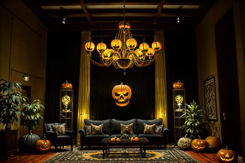 photo from pinterest of halloween-style interior designed (hotel lobby interior) with plant and check in desk and furniture and rug and sofas and coffee tables and hanging lamps and lounge chairs. . with skeletons sitting and standing and cobwebs and glowing pumpkins and yellow black balloons and lanterns and lanterns and human skulls and spiderwebs. . cinematic photo, highly detailed, cinematic lighting, ultra-detailed, ultrarealistic, photorealism, 8k. trending on pinterest. halloween interior design style. masterpiece, cinematic light, ultrarealistic+, photorealistic+, 8k, raw photo, realistic, sharp focus on eyes, (symmetrical eyes), (intact eyes), hyperrealistic, highest quality, best quality, , highly detailed, masterpiece, best quality, extremely detailed 8k wallpaper, masterpiece, best quality, ultra-detailed, best shadow, detailed background, detailed face, detailed eyes, high contrast, best illumination, detailed face, dulux, caustic, dynamic angle, detailed glow. dramatic lighting. highly detailed, insanely detailed hair, symmetrical, intricate details, professionally retouched, 8k high definition. strong bokeh. award winning photo.