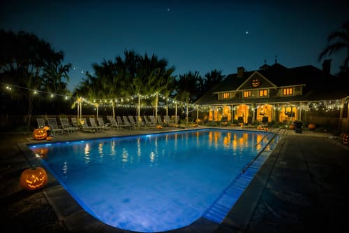 photo from pinterest of halloween-style designed (outdoor pool area ) with pool and pool lights and pool lounge chairs and pool. . with spiderwebs and glowing pumpkins and cobwebs and yellow black balloons and skeletons sitting and standing and human skulls and cobwebs and lanterns. . cinematic photo, highly detailed, cinematic lighting, ultra-detailed, ultrarealistic, photorealism, 8k. trending on pinterest. halloween design style. masterpiece, cinematic light, ultrarealistic+, photorealistic+, 8k, raw photo, realistic, sharp focus on eyes, (symmetrical eyes), (intact eyes), hyperrealistic, highest quality, best quality, , highly detailed, masterpiece, best quality, extremely detailed 8k wallpaper, masterpiece, best quality, ultra-detailed, best shadow, detailed background, detailed face, detailed eyes, high contrast, best illumination, detailed face, dulux, caustic, dynamic angle, detailed glow. dramatic lighting. highly detailed, insanely detailed hair, symmetrical, intricate details, professionally retouched, 8k high definition. strong bokeh. award winning photo.