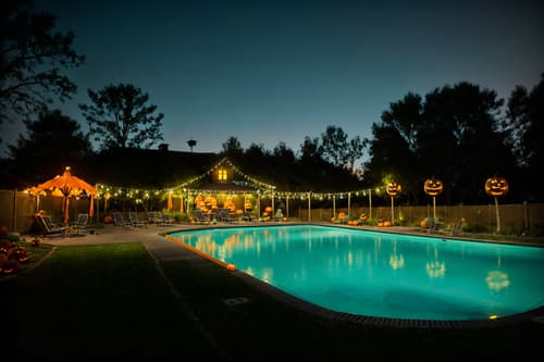photo from pinterest of halloween-style designed (outdoor pool area ) with pool and pool lights and pool lounge chairs and pool. . with spiderwebs and glowing pumpkins and cobwebs and yellow black balloons and skeletons sitting and standing and human skulls and cobwebs and lanterns. . cinematic photo, highly detailed, cinematic lighting, ultra-detailed, ultrarealistic, photorealism, 8k. trending on pinterest. halloween design style. masterpiece, cinematic light, ultrarealistic+, photorealistic+, 8k, raw photo, realistic, sharp focus on eyes, (symmetrical eyes), (intact eyes), hyperrealistic, highest quality, best quality, , highly detailed, masterpiece, best quality, extremely detailed 8k wallpaper, masterpiece, best quality, ultra-detailed, best shadow, detailed background, detailed face, detailed eyes, high contrast, best illumination, detailed face, dulux, caustic, dynamic angle, detailed glow. dramatic lighting. highly detailed, insanely detailed hair, symmetrical, intricate details, professionally retouched, 8k high definition. strong bokeh. award winning photo.