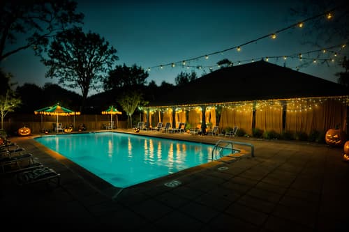 photo from pinterest of halloween-style designed (outdoor pool area ) with pool and pool lights and pool lounge chairs and pool. . with spiderwebs and glowing pumpkins and cobwebs and yellow black balloons and skeletons sitting and standing and human skulls and cobwebs and lanterns. . cinematic photo, highly detailed, cinematic lighting, ultra-detailed, ultrarealistic, photorealism, 8k. trending on pinterest. halloween design style. masterpiece, cinematic light, ultrarealistic+, photorealistic+, 8k, raw photo, realistic, sharp focus on eyes, (symmetrical eyes), (intact eyes), hyperrealistic, highest quality, best quality, , highly detailed, masterpiece, best quality, extremely detailed 8k wallpaper, masterpiece, best quality, ultra-detailed, best shadow, detailed background, detailed face, detailed eyes, high contrast, best illumination, detailed face, dulux, caustic, dynamic angle, detailed glow. dramatic lighting. highly detailed, insanely detailed hair, symmetrical, intricate details, professionally retouched, 8k high definition. strong bokeh. award winning photo.